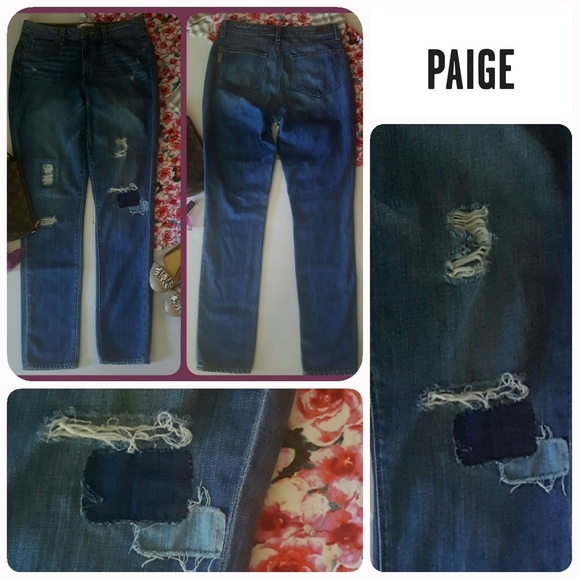🍬PAIGE🍬 Distressed Patched Skinny Blue Jeans - Picture 5 of 8